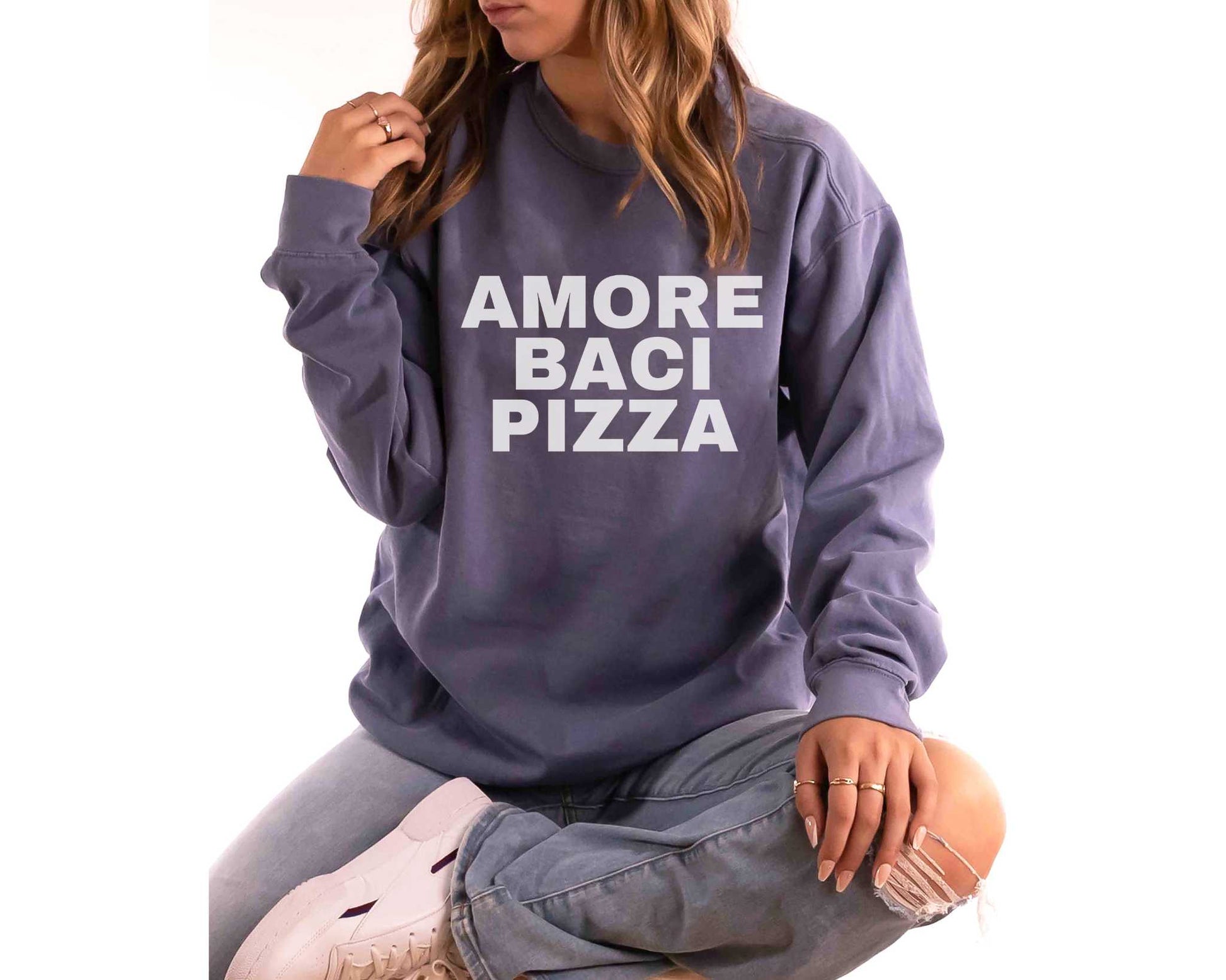 Amore Baci Pizza (Love Kisses Pizza) Sweatshirt in Blue Jean