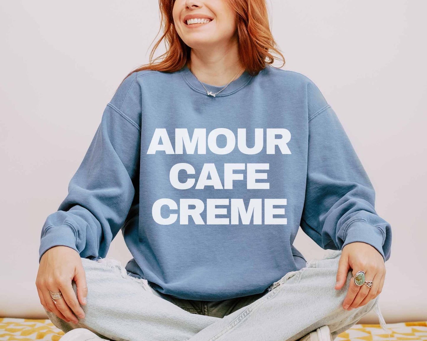 Amour Cafe Creme Coffee Lover Paris Comfort Colors Sweatshirt in Blue Jean