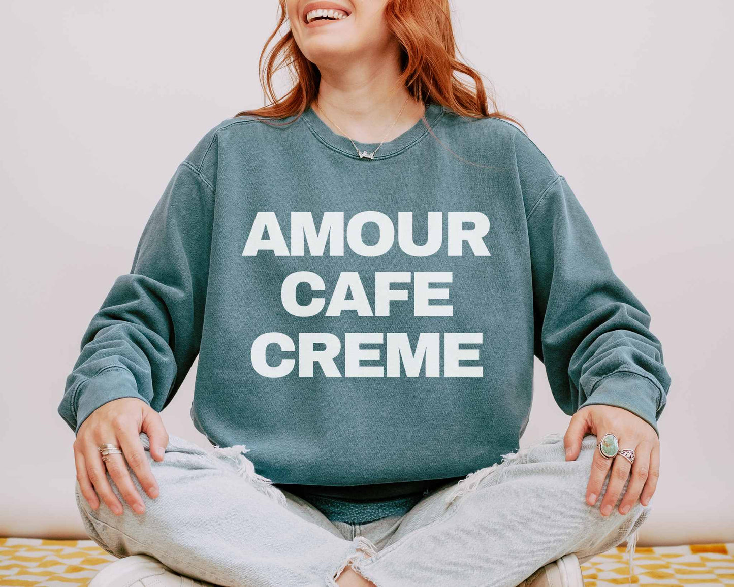 Amour Cafe Creme Coffee Lover Paris Comfort Colors Sweatshirt in Blue Spruce