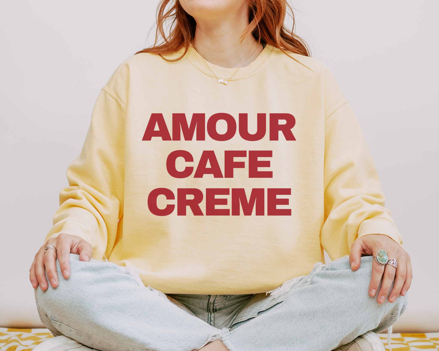 Amour Cafe Creme Coffee Lover Paris Comfort Colors Sweatshirt in Butter