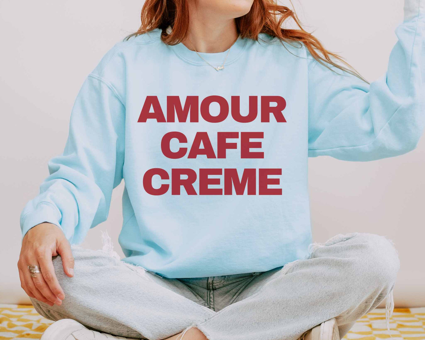 Amour Cafe Creme Coffee Lover Paris Comfort Colors Sweatshirt in Chambray