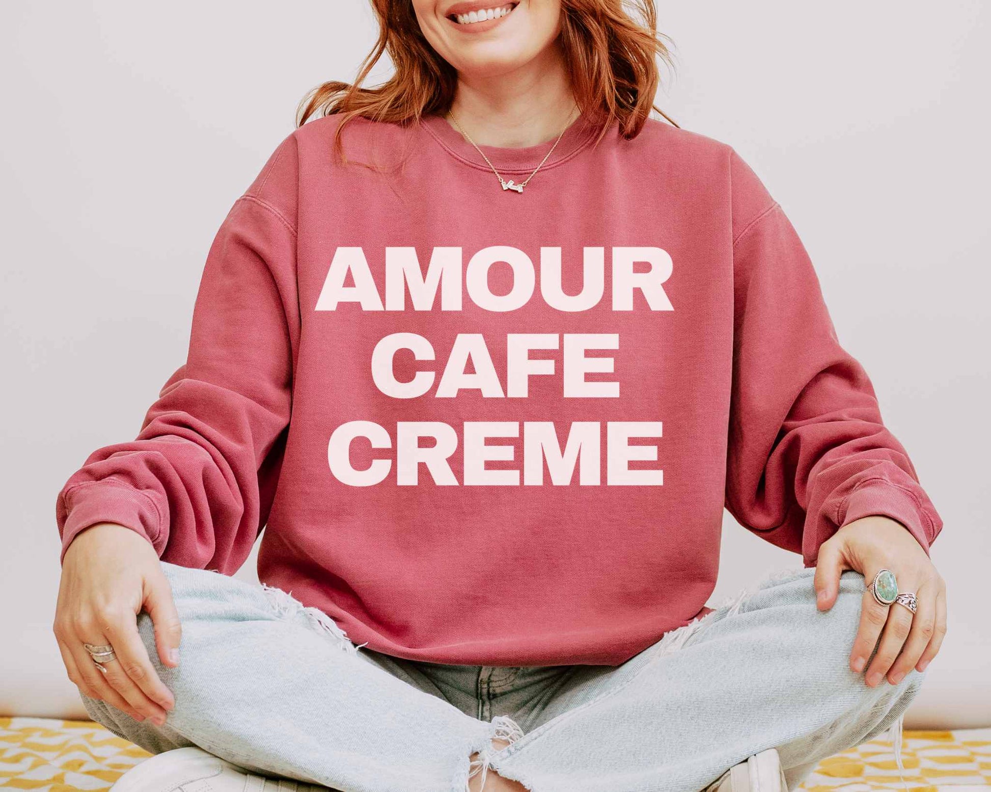 Amour Cafe Creme Coffee Lover Paris Comfort Colors Sweatshirt in Crimson