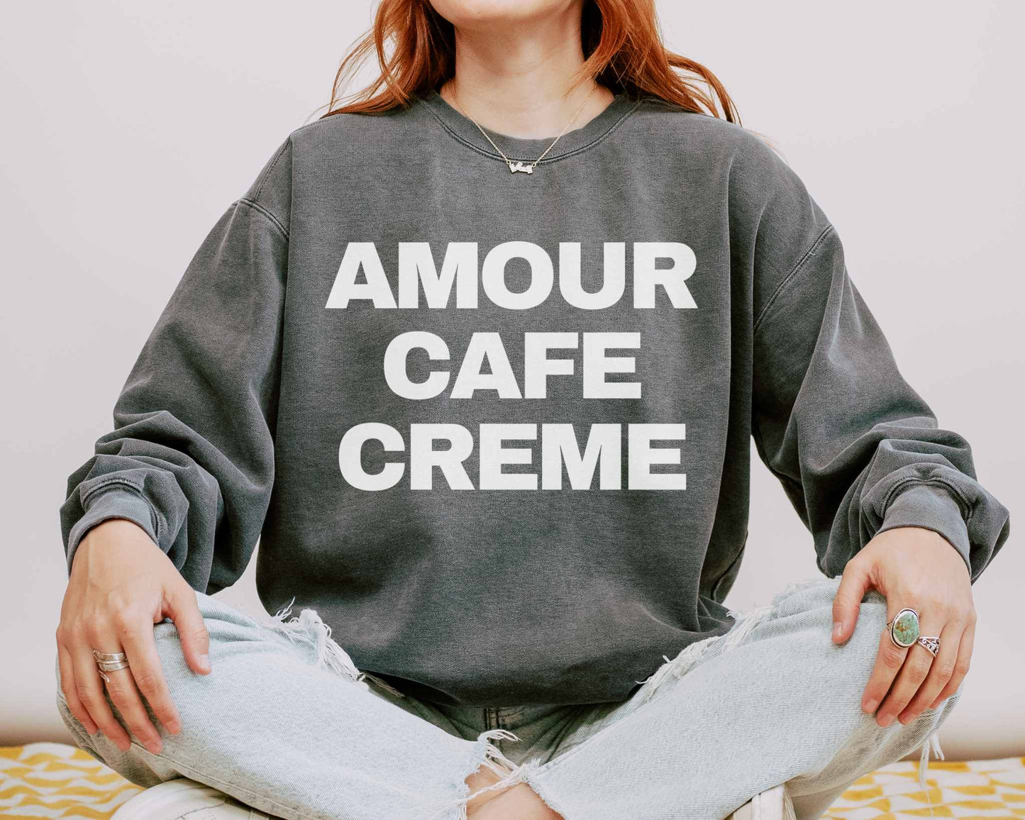 Amour Cafe Creme Coffee Lover Paris Comfort Colors Sweatshirt in Pepper