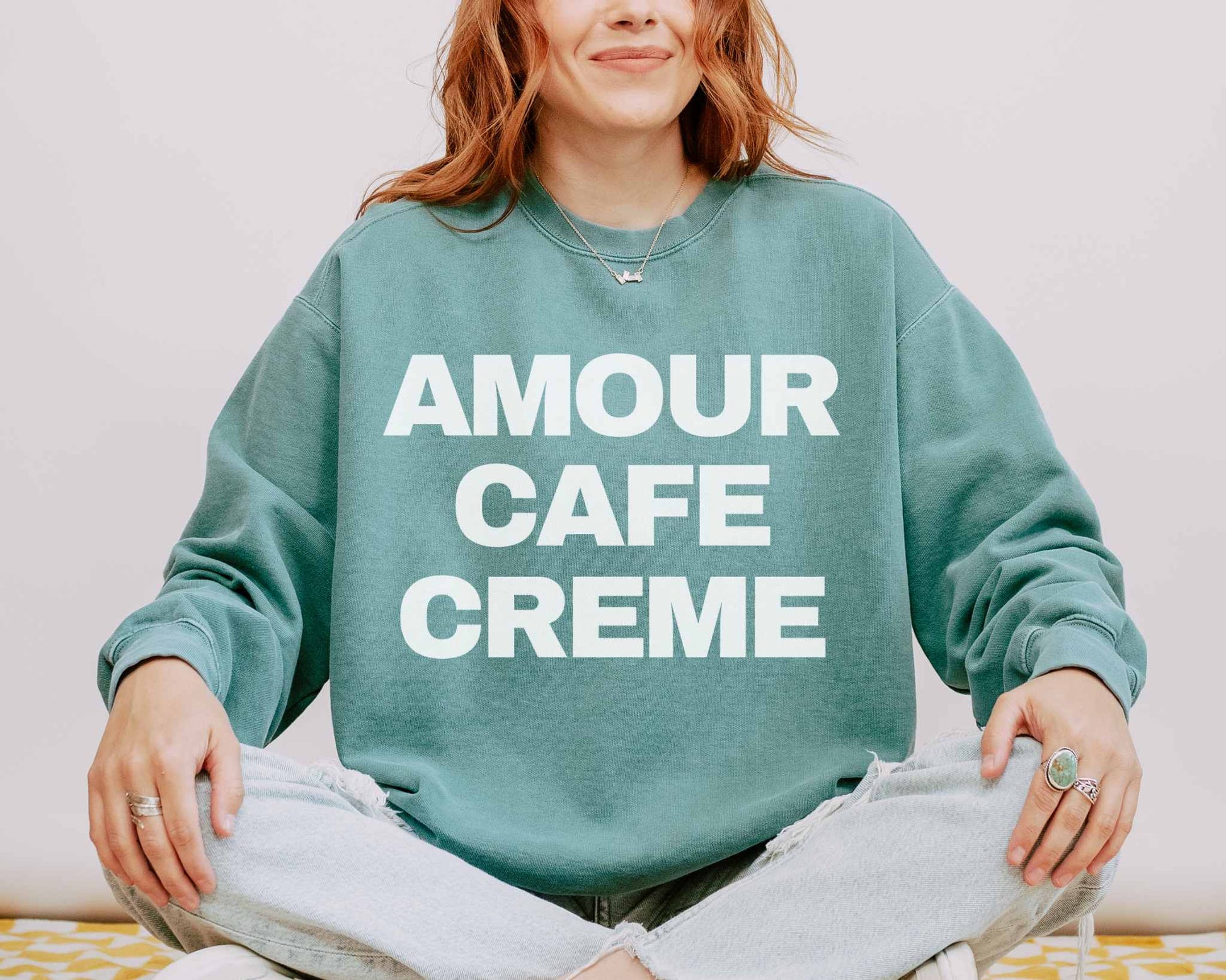 Amour Cafe Creme Coffee Lover Paris Comfort Colors Sweatshirt in Light Green