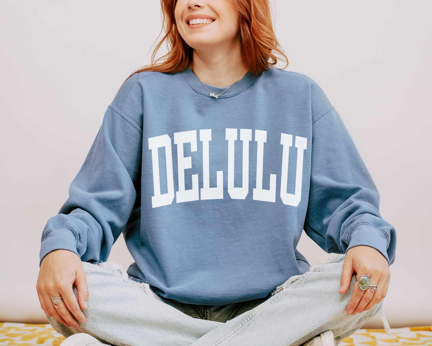 Delulu Delusional Preppy Comfort Colors Sweatshirt in Blue Jean.