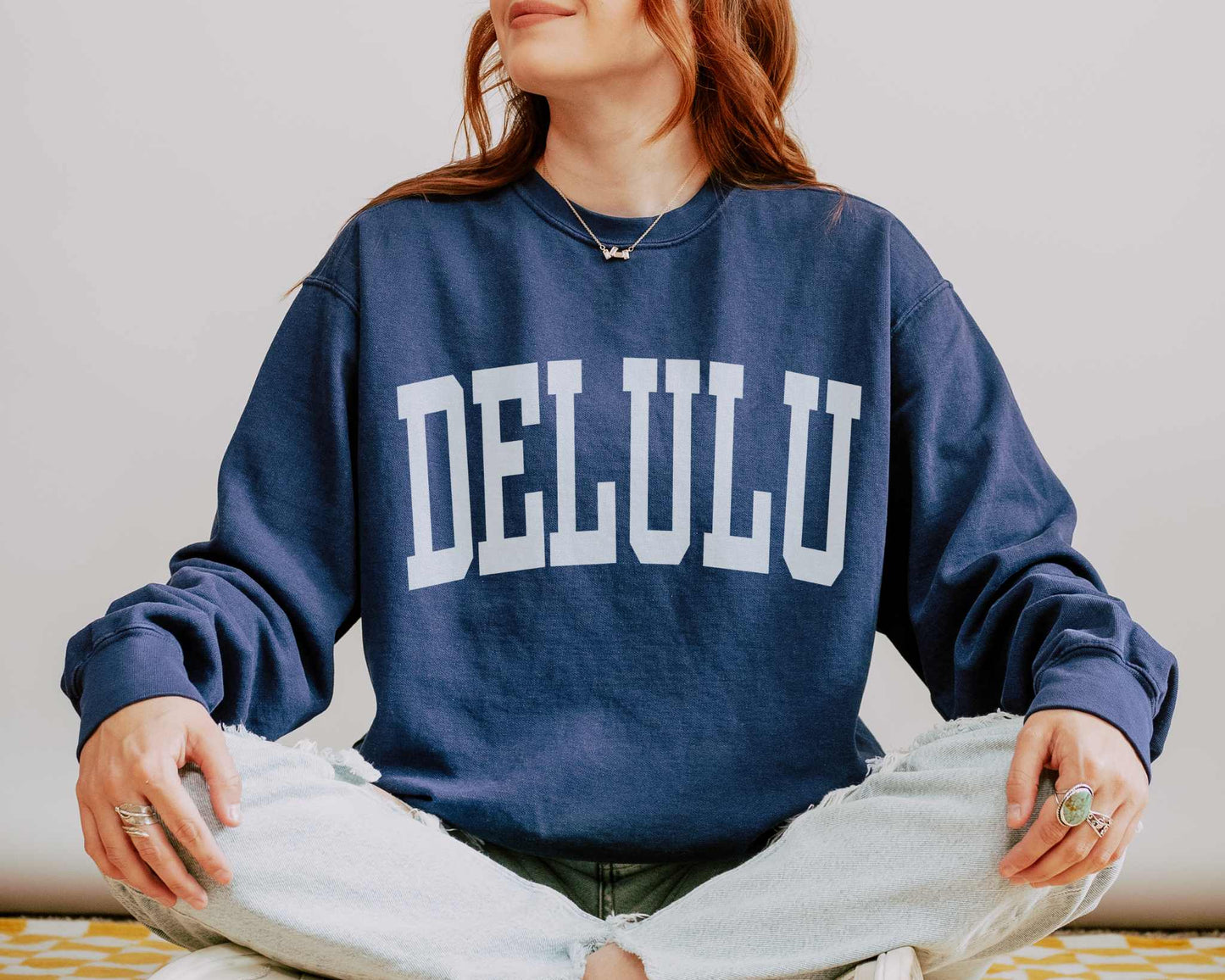 Delulu Delusional Preppy Comfort Colors Sweatshirt in True Navy.