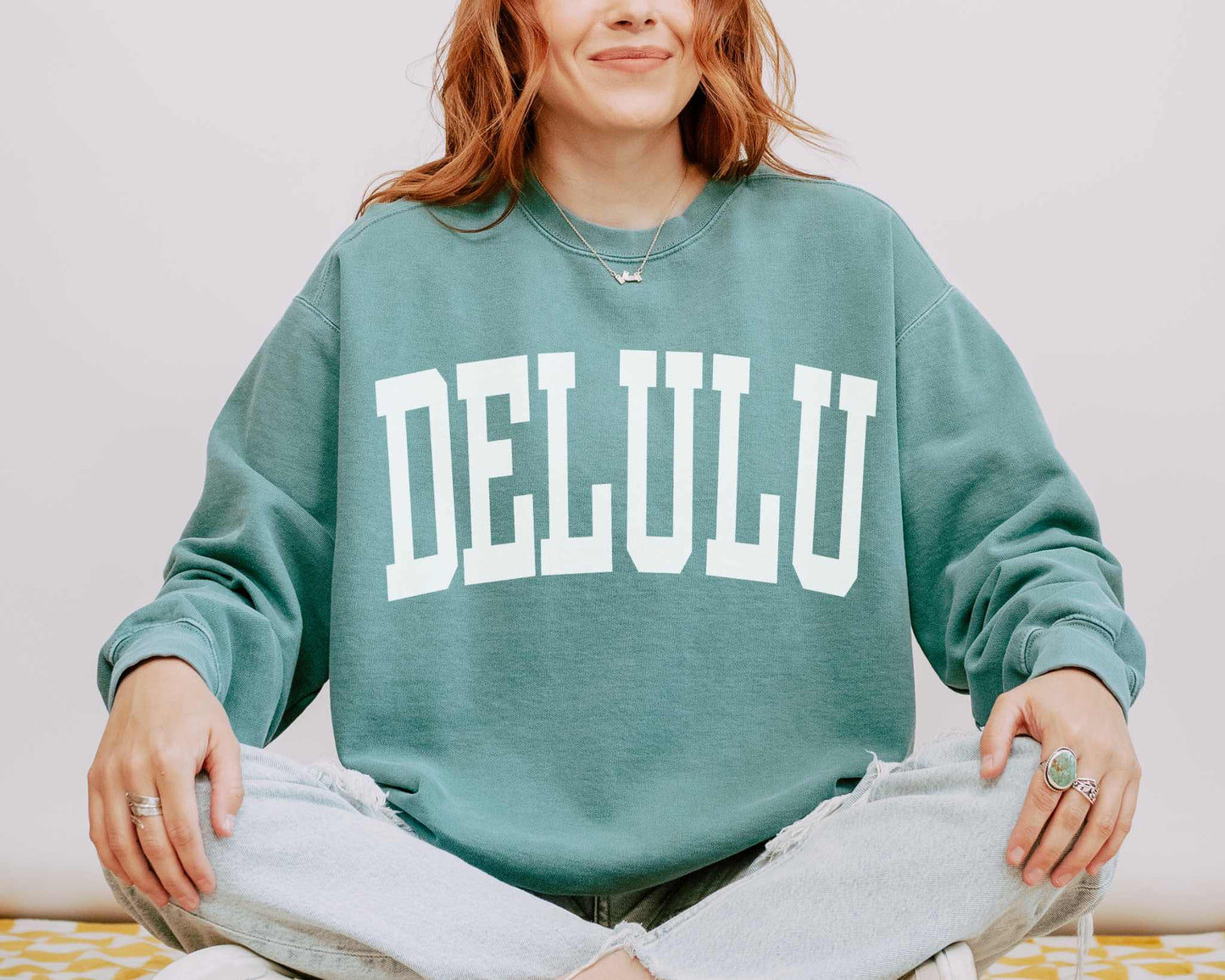Delulu Delusional Preppy Comfort Colors Sweatshirt in Light Green.