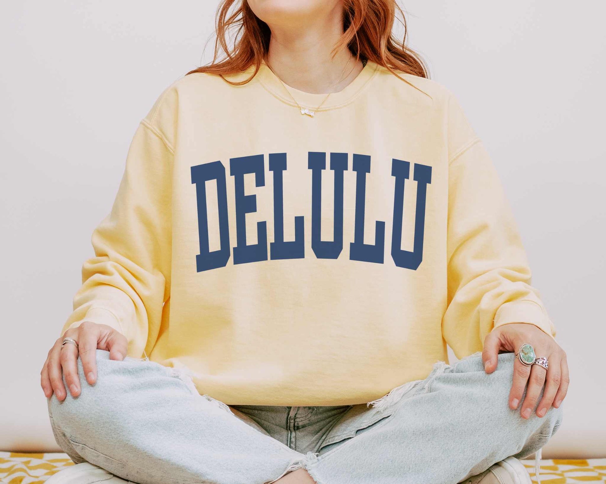 Delulu Delusional Preppy Comfort Colors Sweatshirt in Butter.