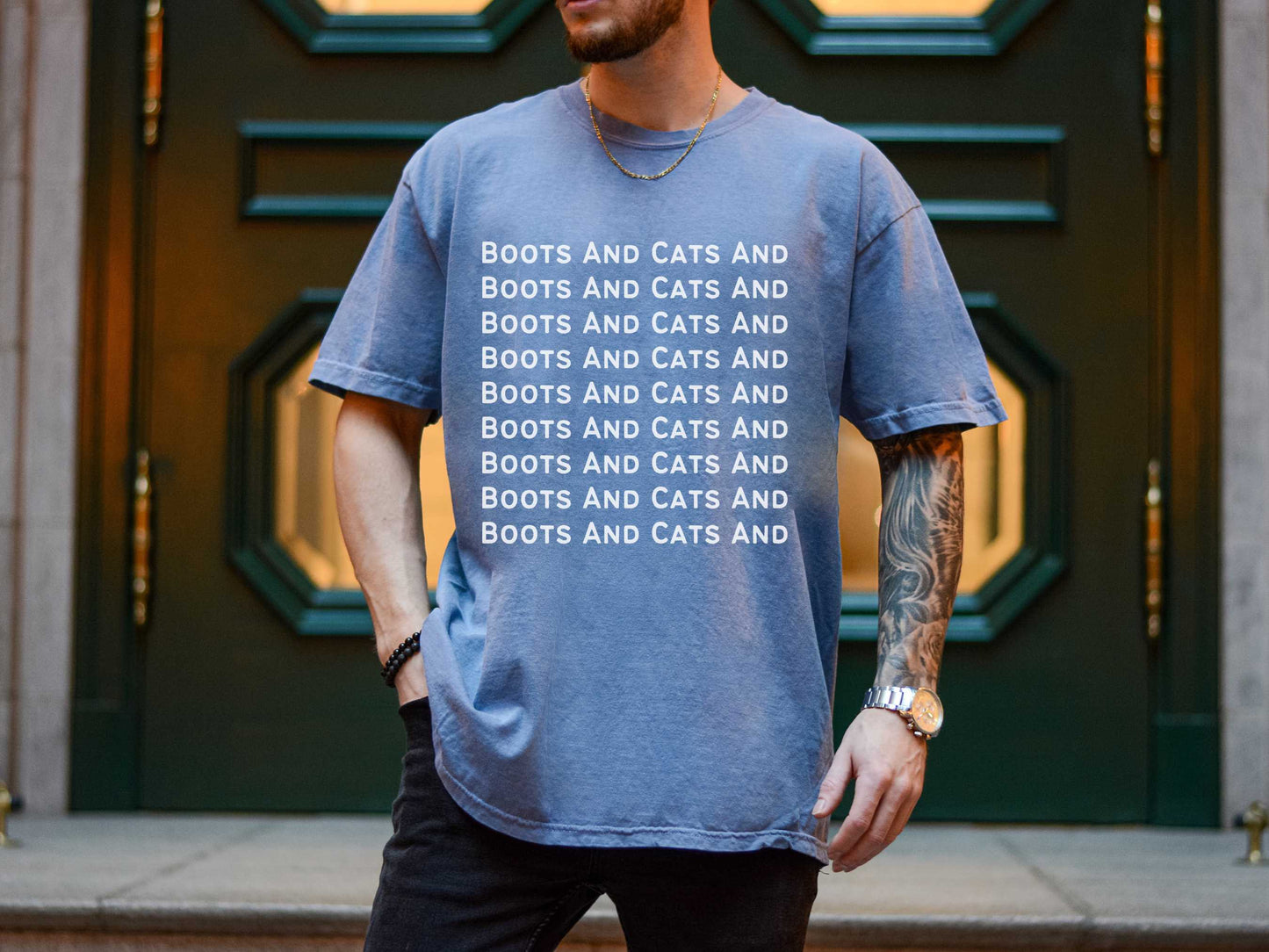 Funny Beatboxing "Boots And Cats" T-Shirt in Blue Jean