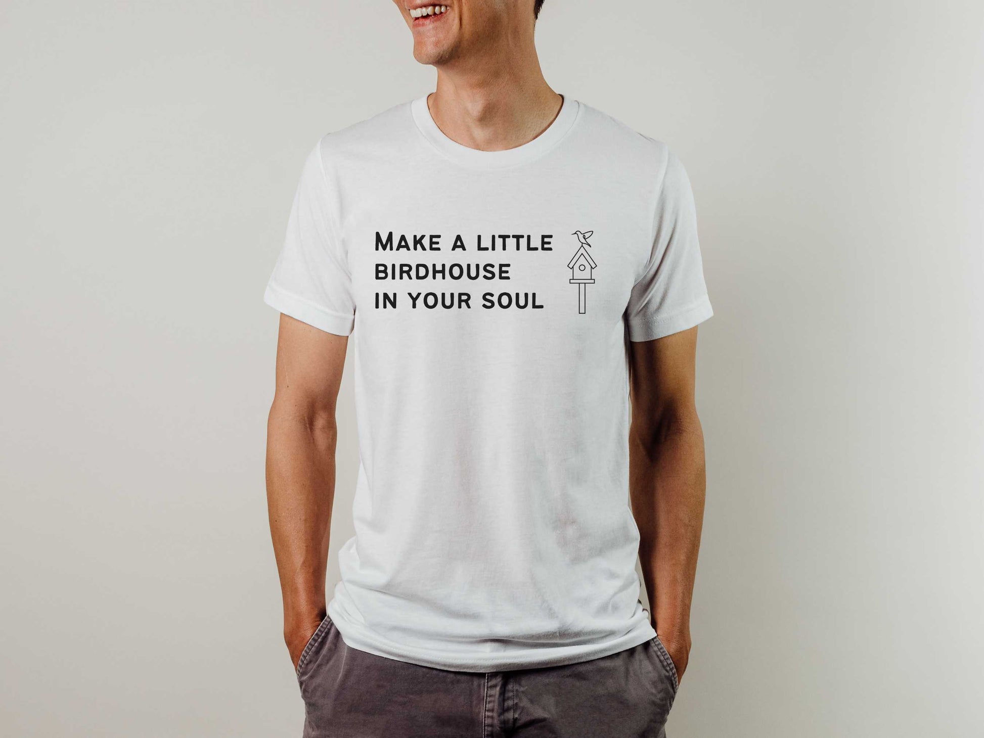 Make a Little Birdhouse in Your Soul TMBG T-Shirt in White on a Man