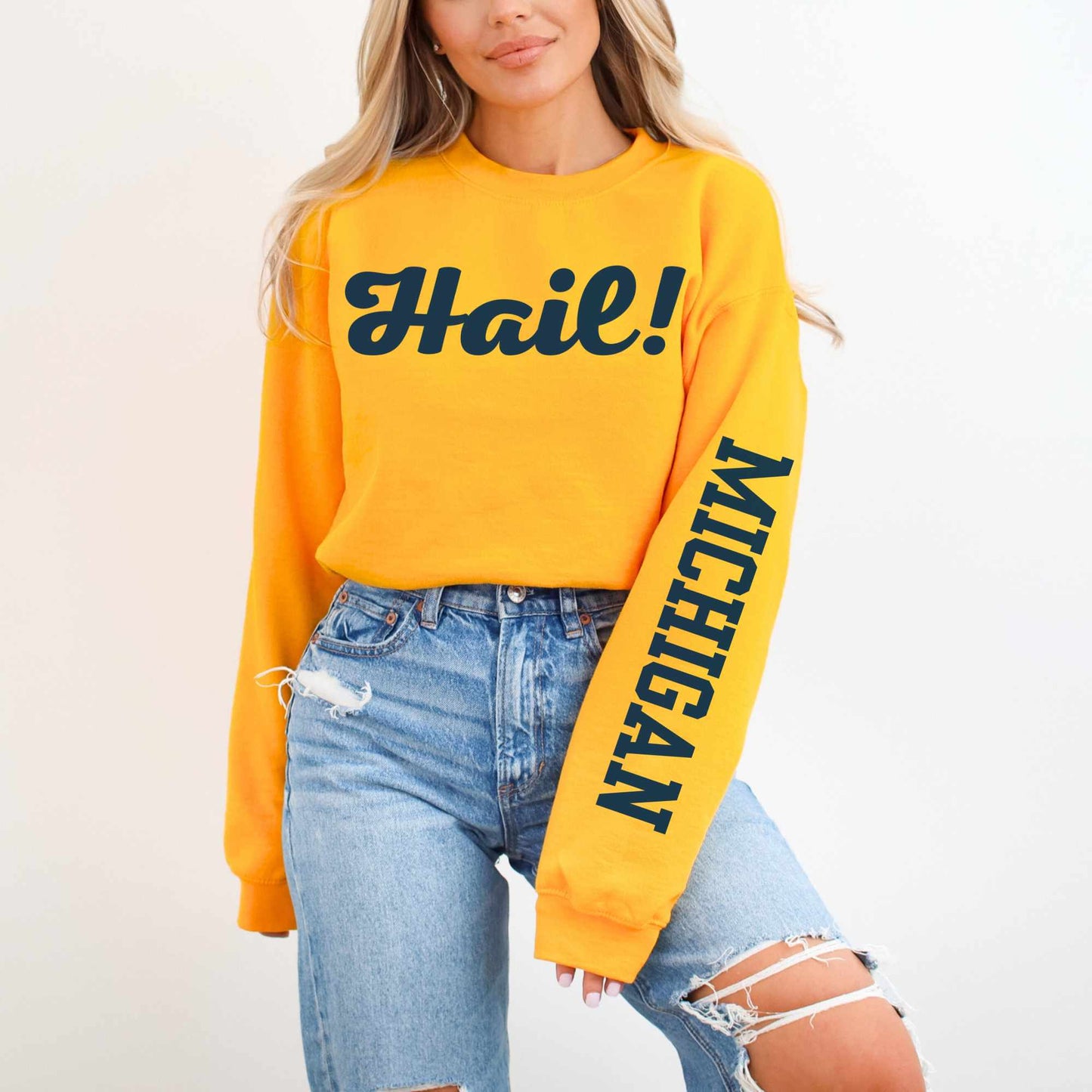 Michigan Hail Sweatshirt in Gold with Sleeve Print