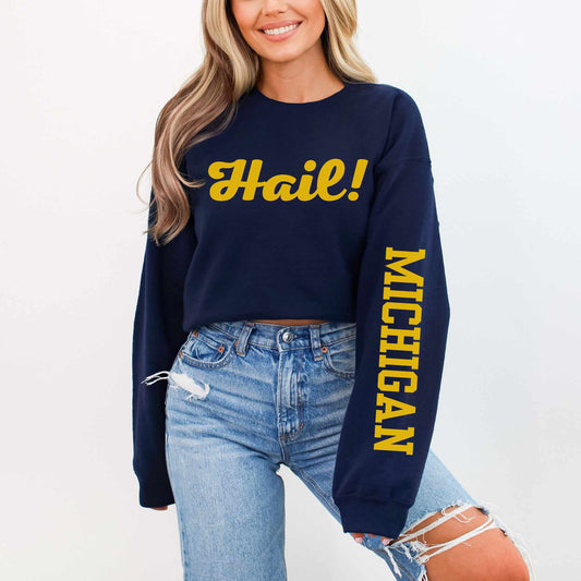 Michigan Hail Sweatshirt in Navy with Sleeve Print