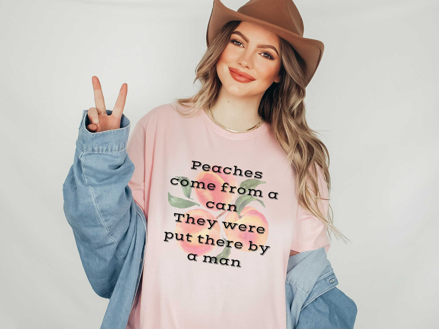 Peaches Come From A Can T-Shirt in Pink