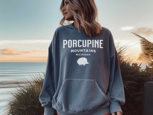 Porcupine Mountains Comfort Colors Hoodie in BlueJean