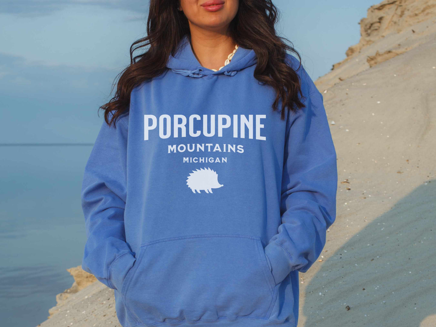 Porcupine Mountains Comfort Colors Hoodie in Flo Blue