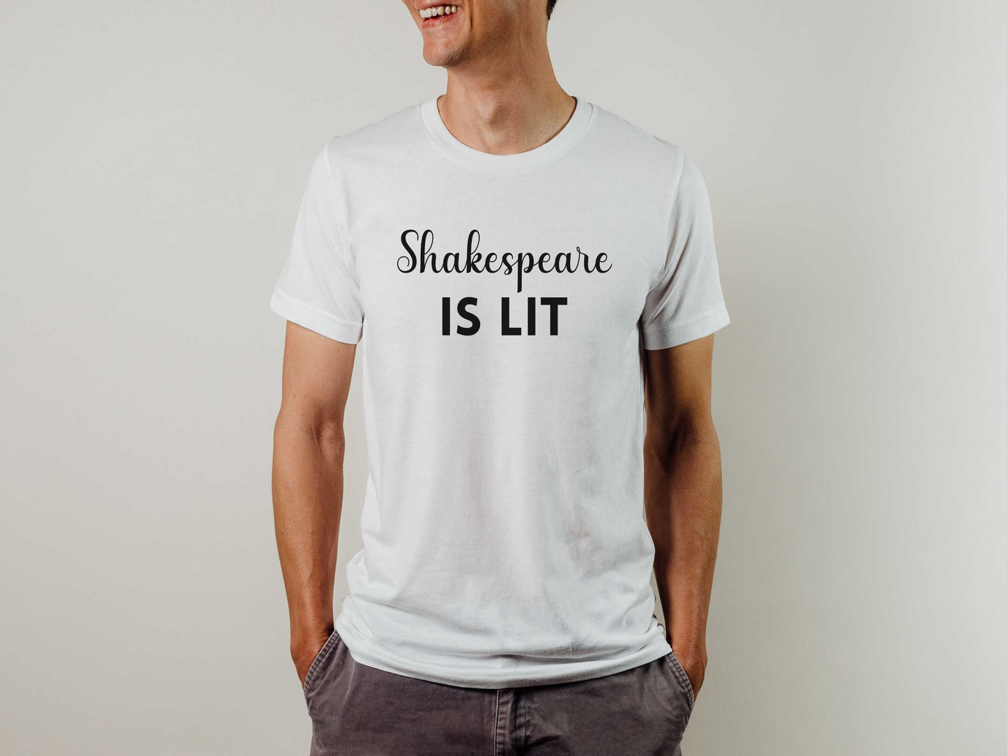 Punny Shakespeare is Lit T-Shirt in White on a man