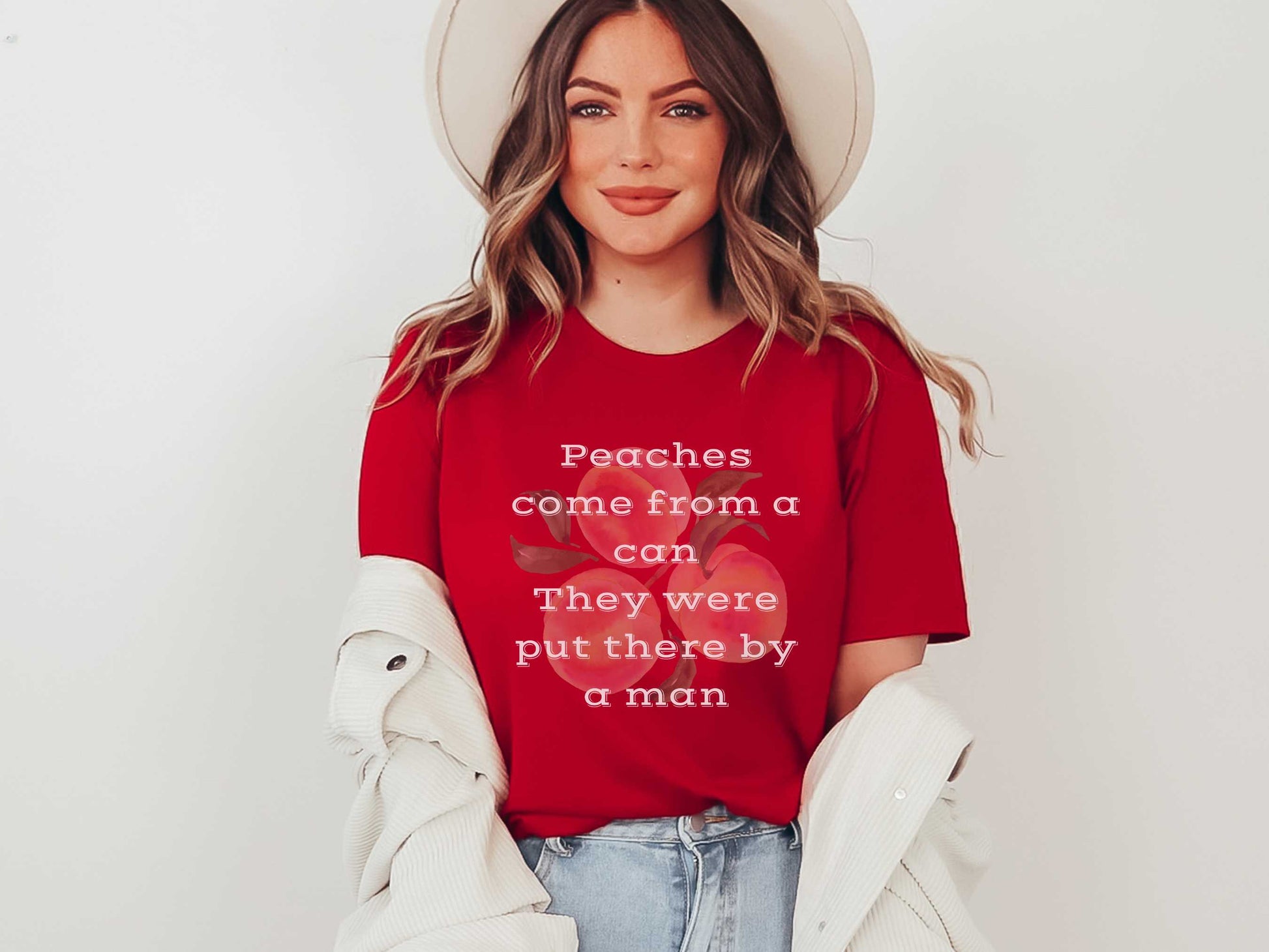 Peaches Come From A Can T-Shirt in Red