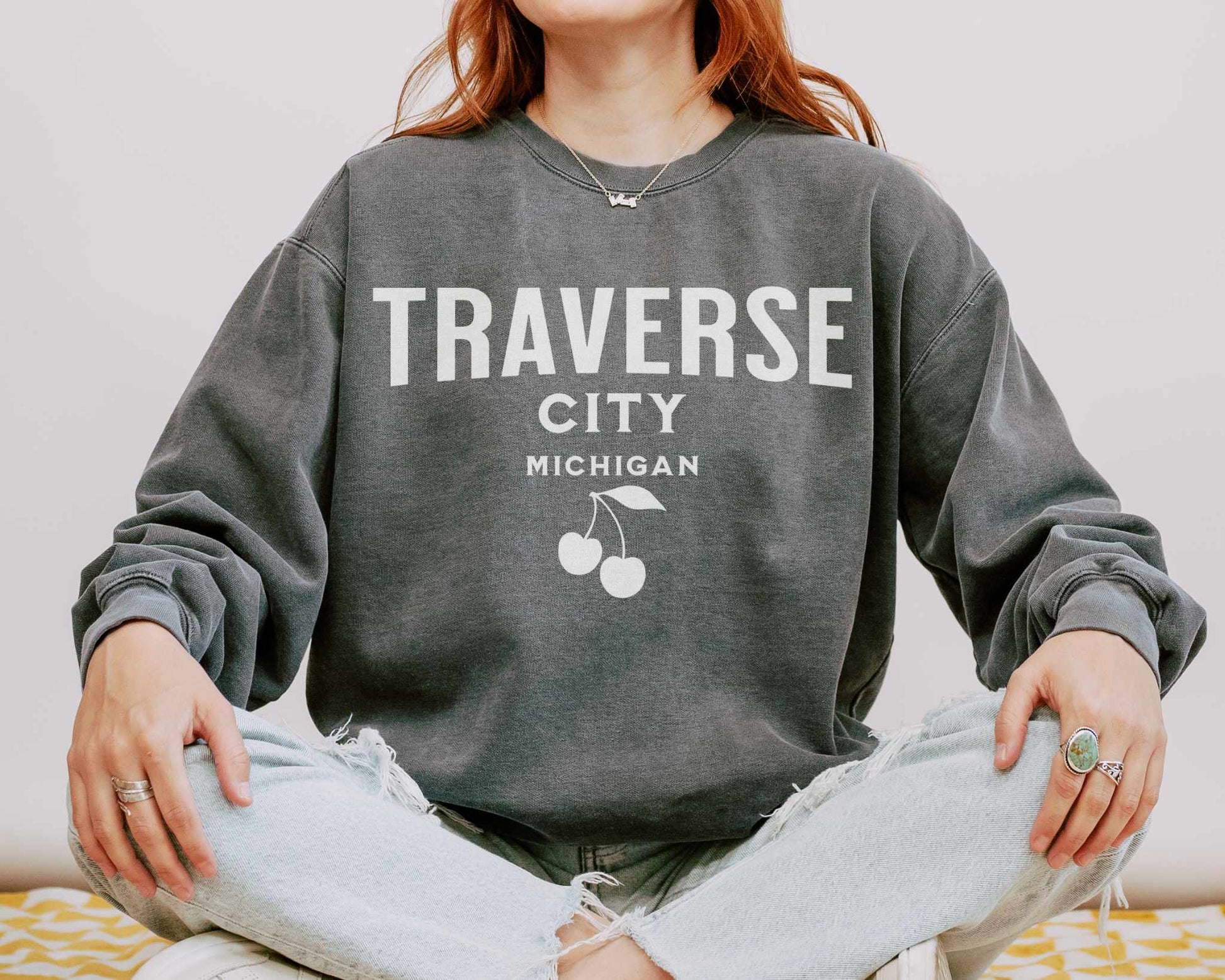 Retro Traverse City Michigan Comfort Colors Sweatshirt in Pepper