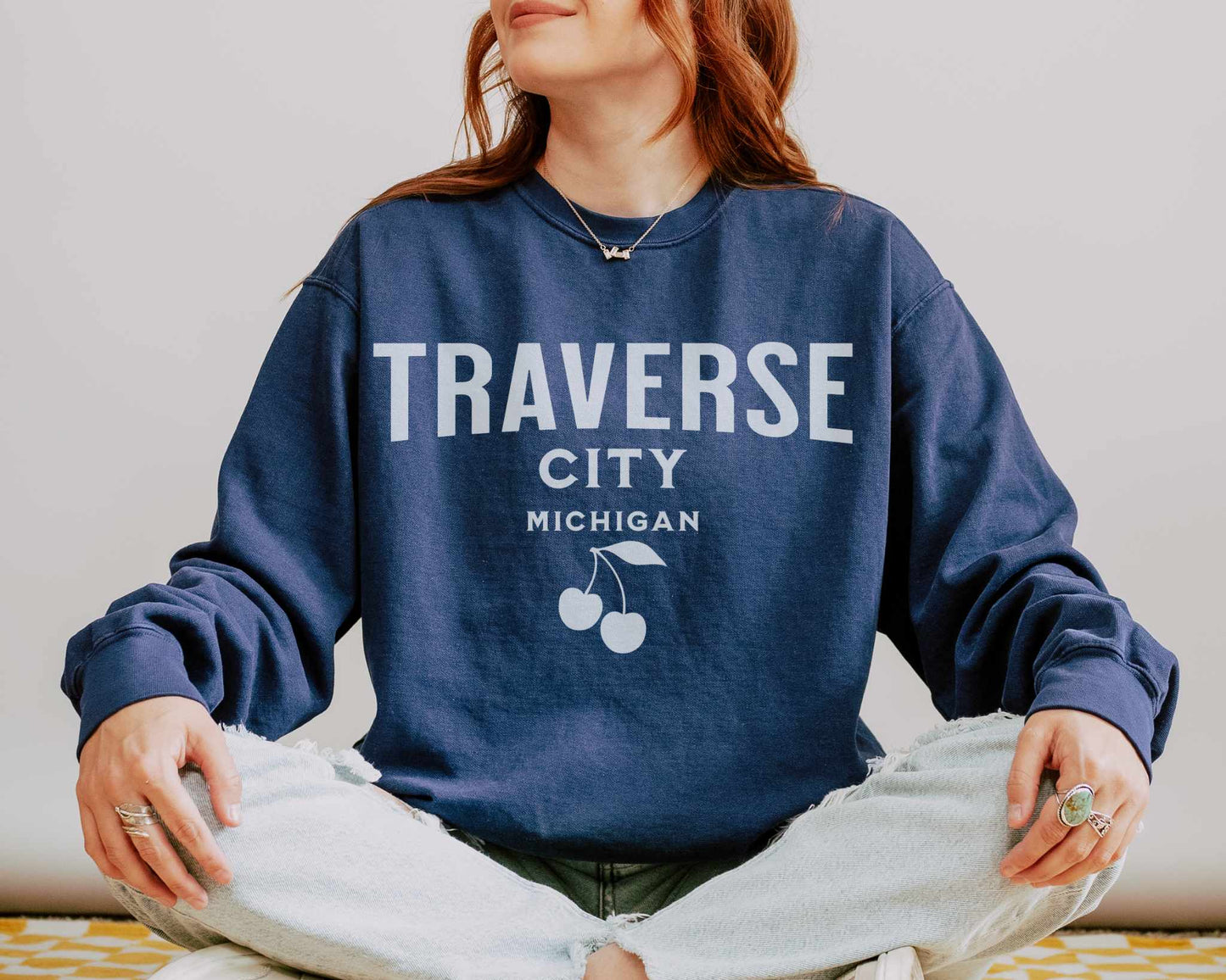 Retro Traverse City Michigan Comfort Colors Sweatshirt in True Navy