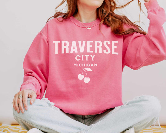 Retro Traverse City Michigan Comfort Colors Sweatshirt in Watermelon