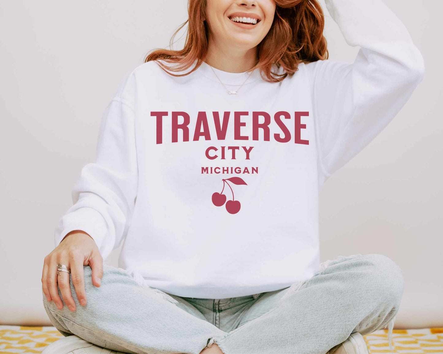 Retro Traverse City Michigan Comfort Colors Sweatshirt in White