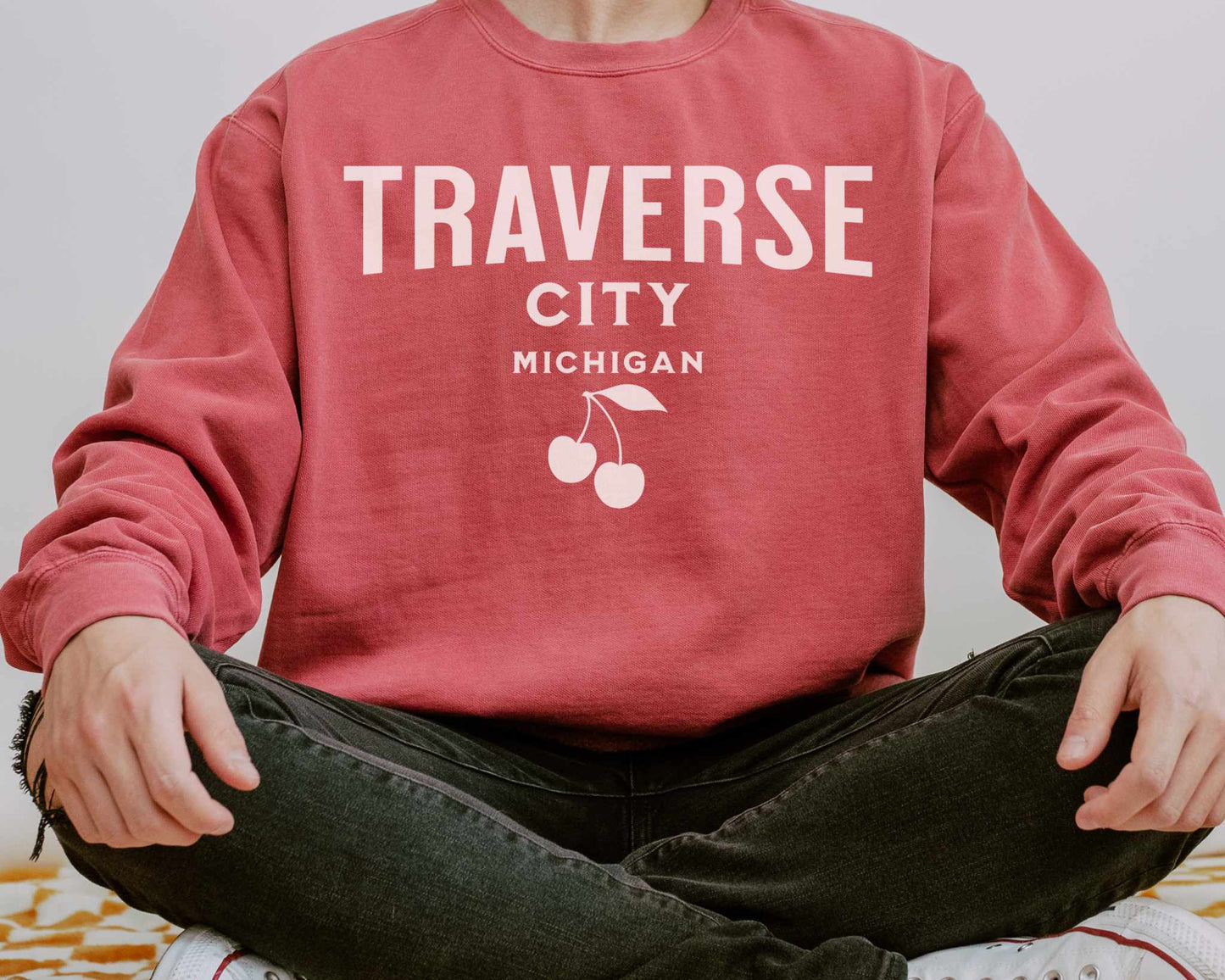 Retro Traverse City Michigan Comfort Colors Sweatshirt in Crimson