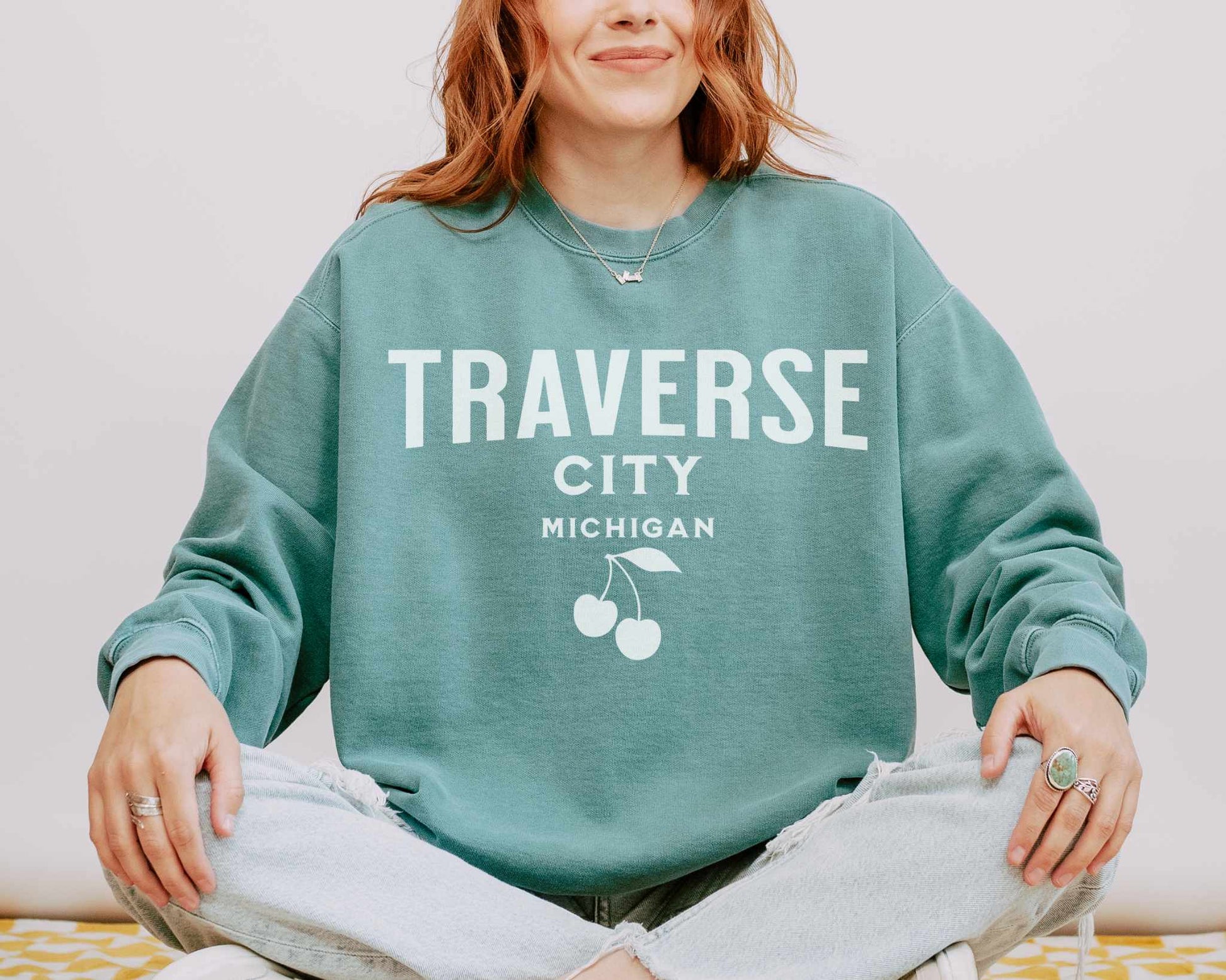 Retro Traverse City Michigan Comfort Colors Sweatshirt in Light Green