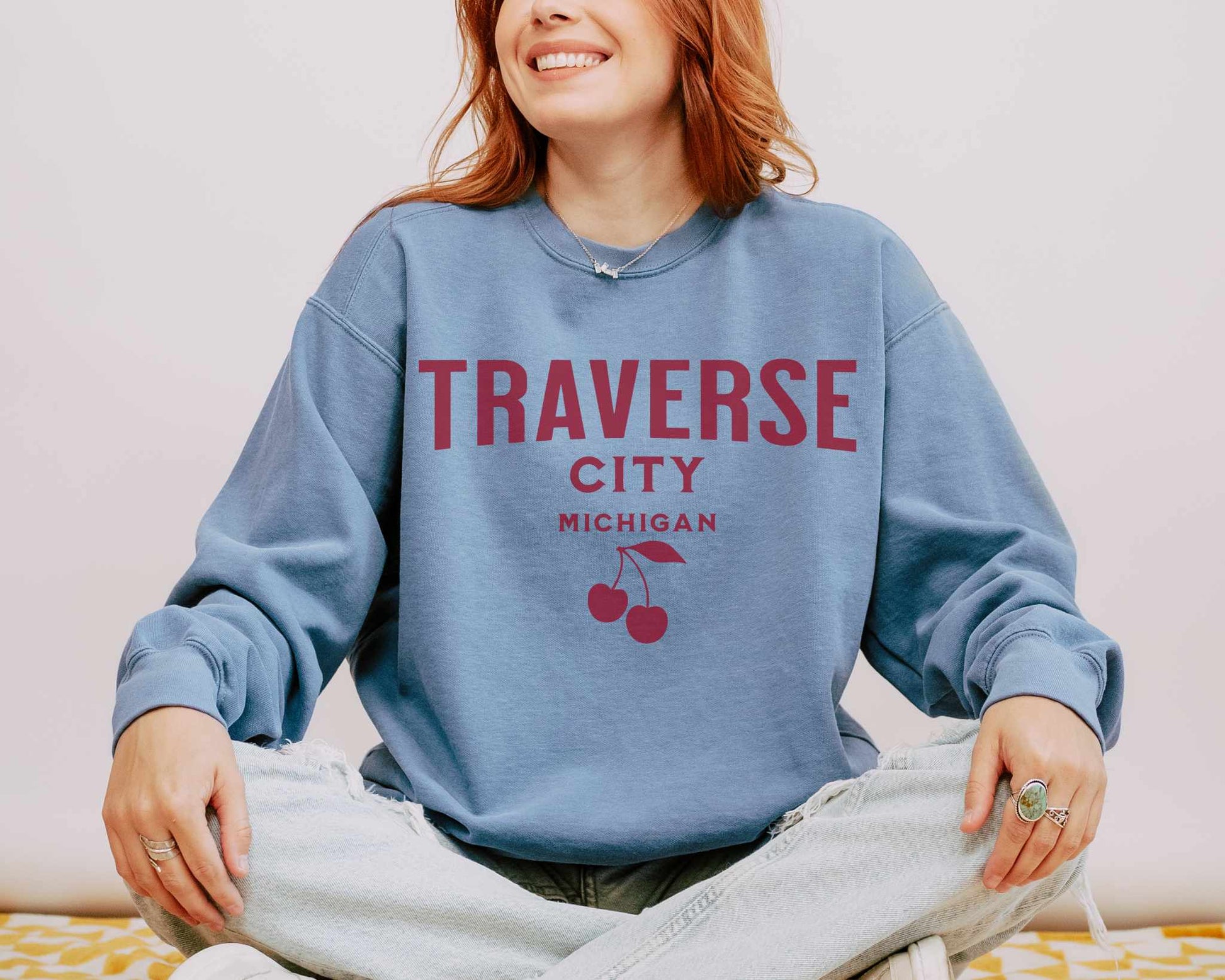 Retro Traverse City Michigan Comfort Colors Sweatshirt in Blue Jean