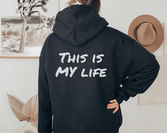 I Don't Care My Life Hoodie in Black. Back of Hoodie. 