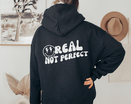 Real Not Perfect Hoodie in Black, back of hoodie.