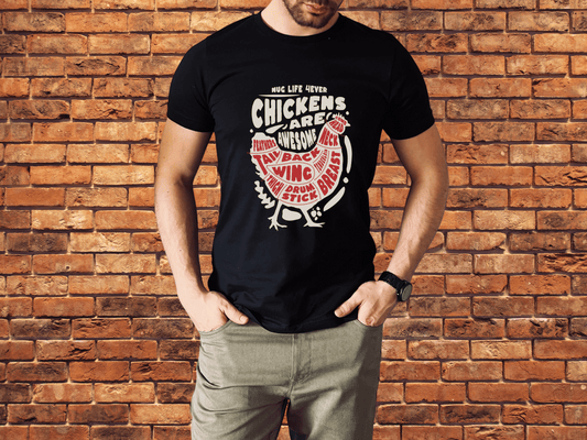 Chickens are Awesome T-shirt in Black. Nug Life 4Ever. Sketch of a Chicken.