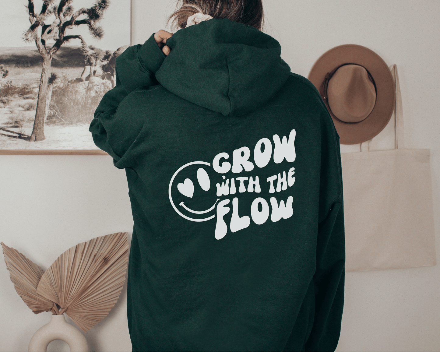 Grow with the Flow Hoodie in Forest, back of hoodie.