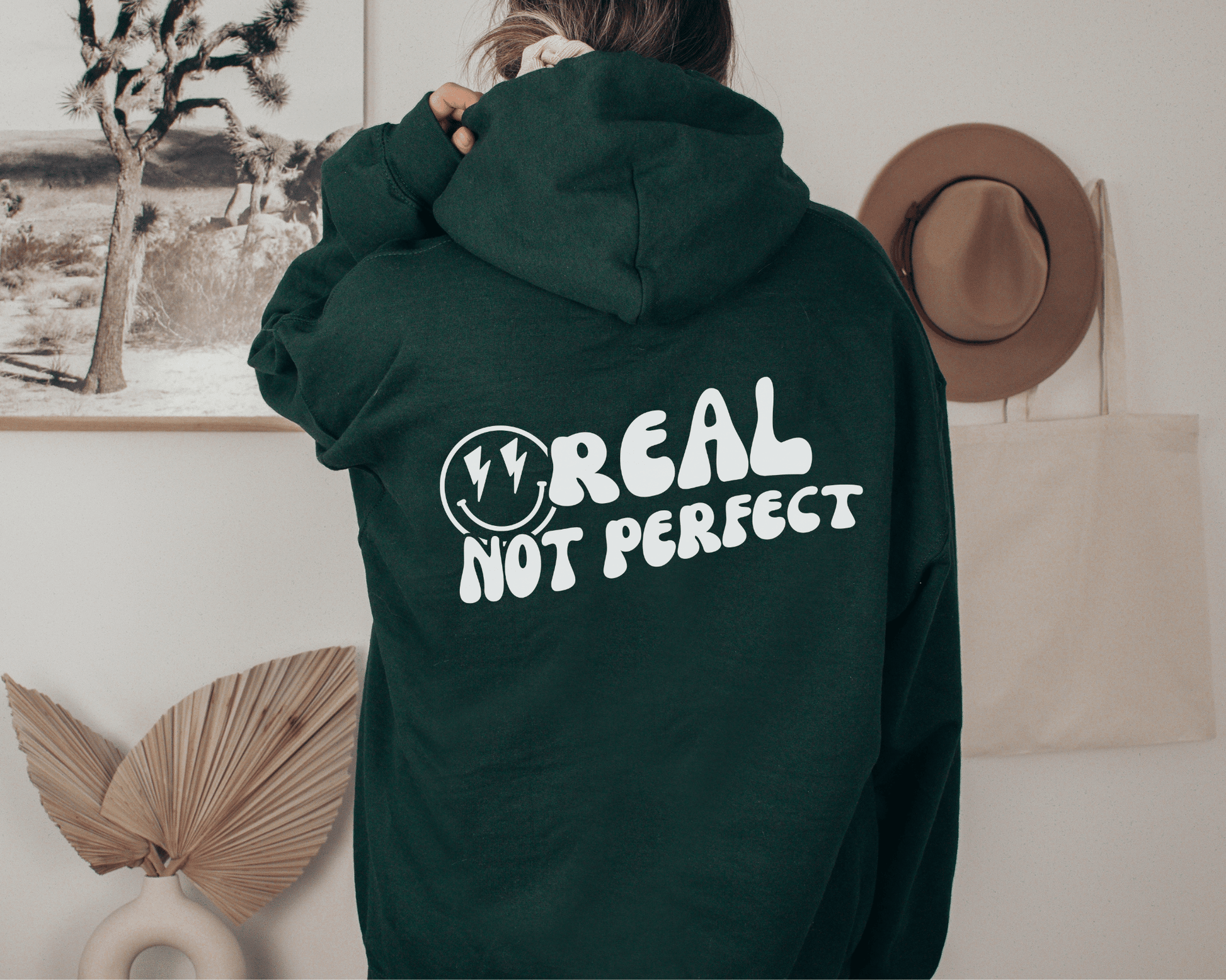 Real Not Perfect Hoodie in Forest, back of hoodie.