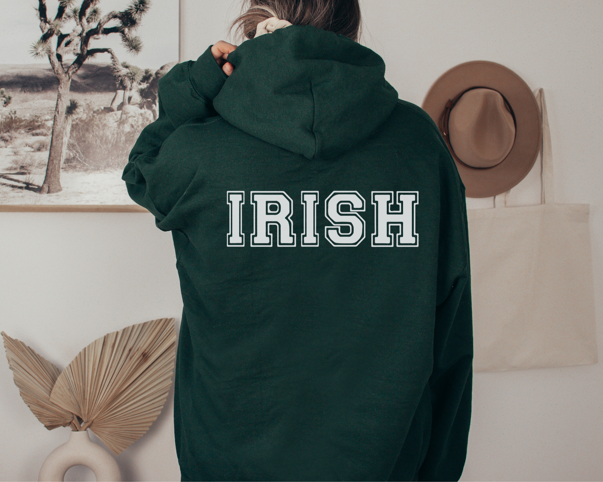 Irish Hoodie with Shamrocks in Forest Green, back of hoodie.