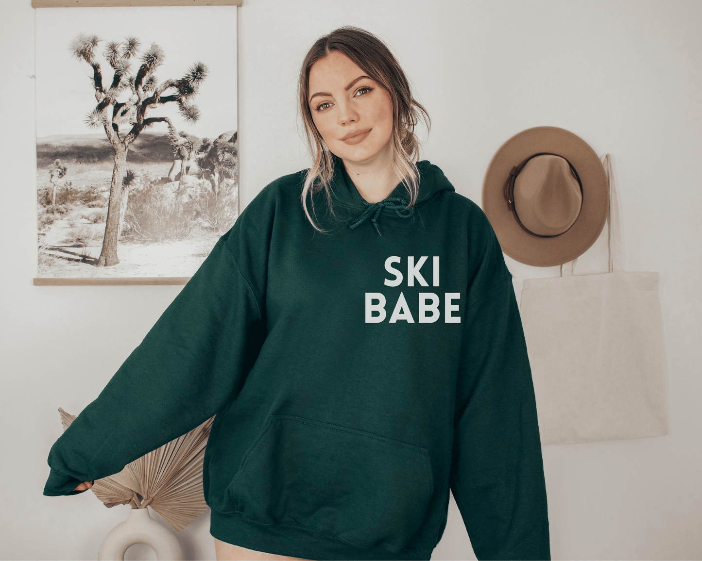 Ski Babe Hoodie in Forest, front of hoodie.