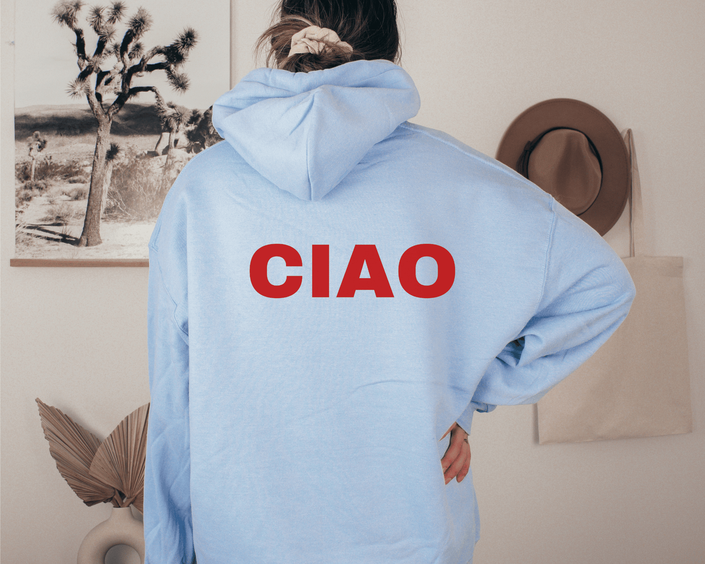 Ciao Scooter Hoodie in Light Blue, back of hoodie.