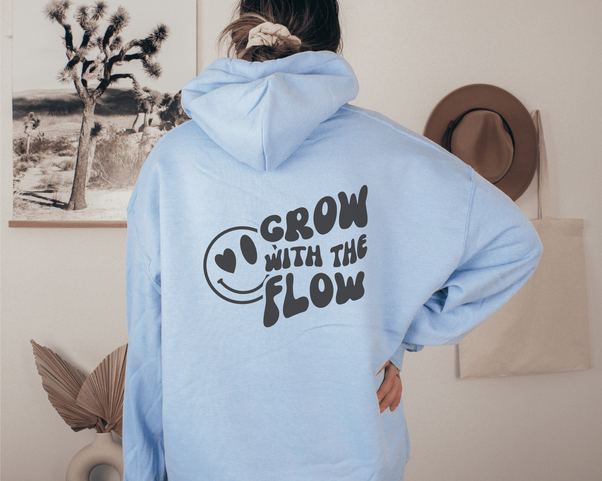Grow with the Flow Hoodie in Light Blue, back of hoodie.