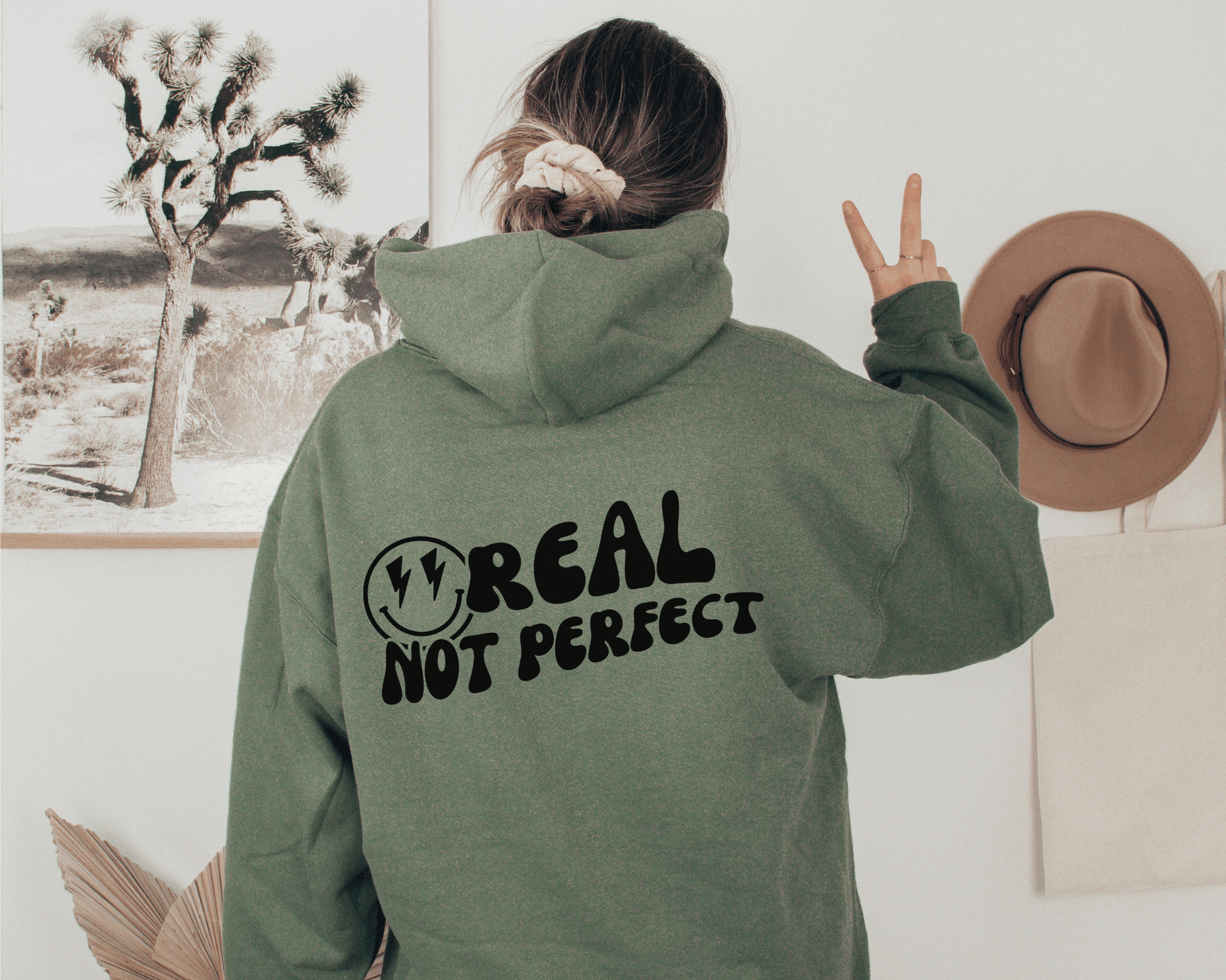 Real Not Perfect Hoodie in Military Green, back of hoodie.