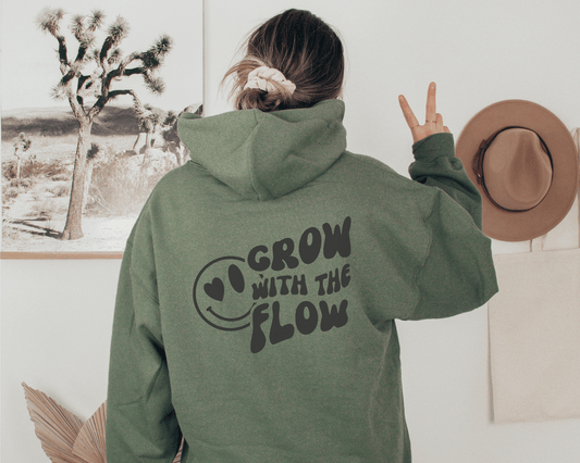 Grow with the Flow Hoodie in Military Green, back of hoodie.
