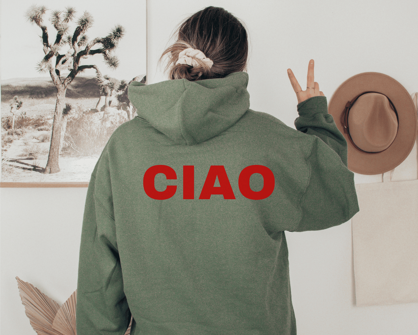 Ciao Scooter Hoodie in Military Green, back of hoodie.
