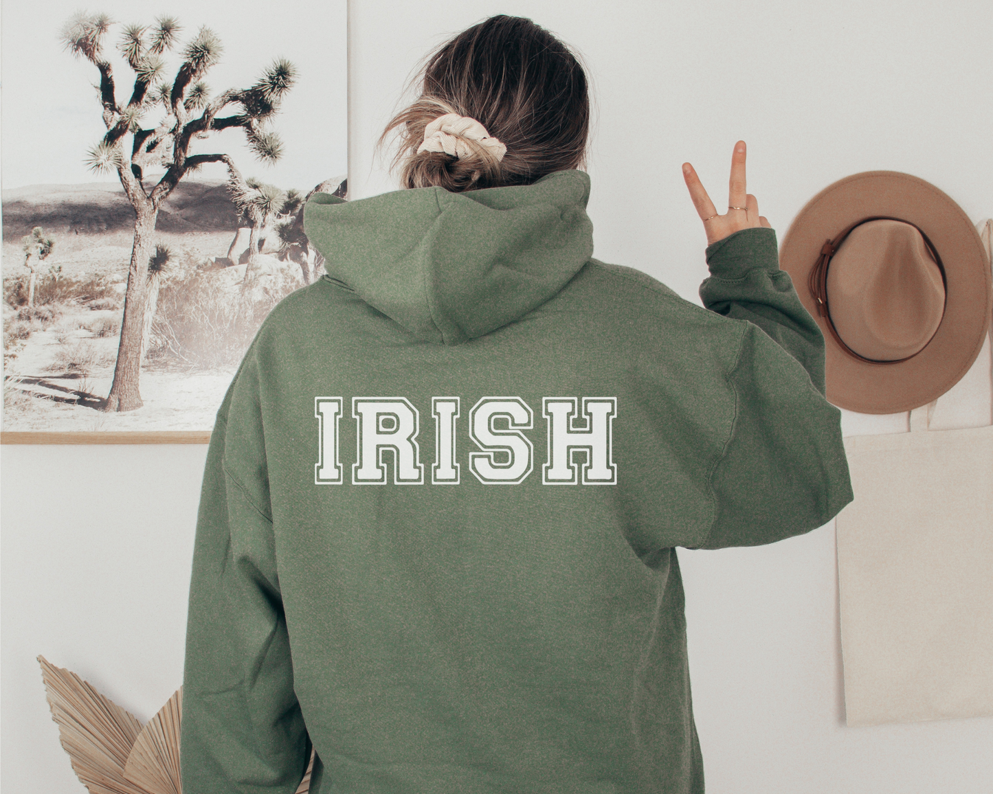 Irish Hoodie with Shamrocks in Military Green, back of hoodie.