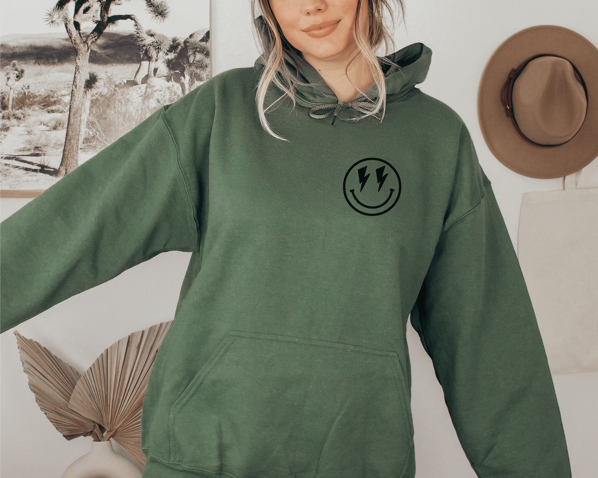 Don't Trip Over What's Behind You Hoodie in Military Green, front of hoodie.