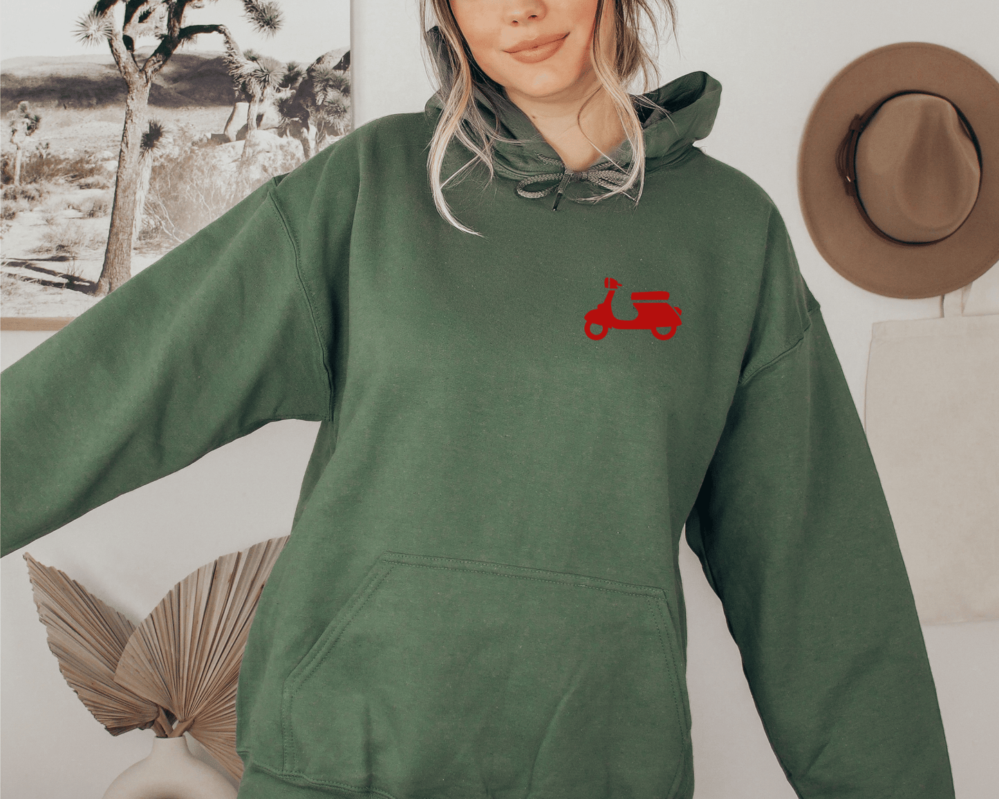 Ciao Scooter Hoodie in Military Green, front of hoodie.