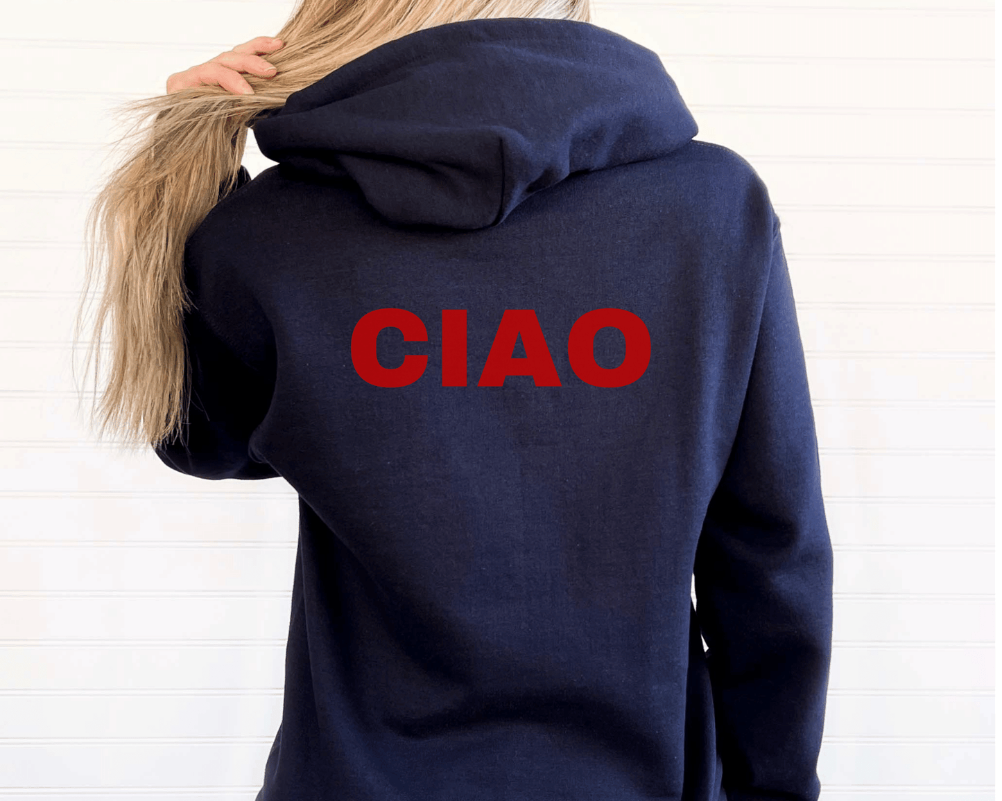 Ciao Scooter Hoodie in Navy, back of hoodie.