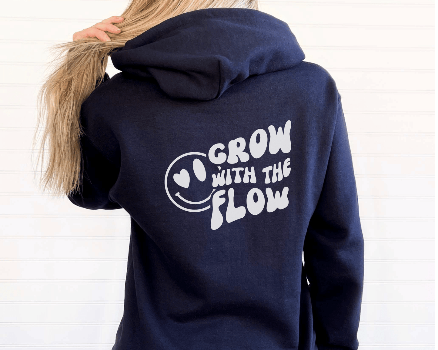 Grow with the Flow Hoodie in Navy, back of hoodie.