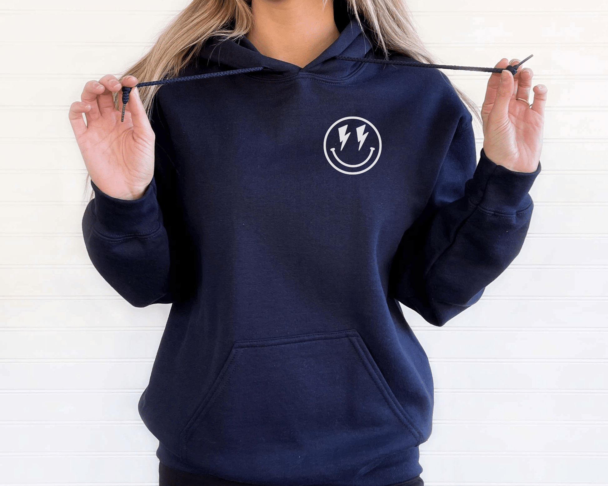 Don't Trip Over What's Behind You Hoodie in Navy, front of hoodie. 