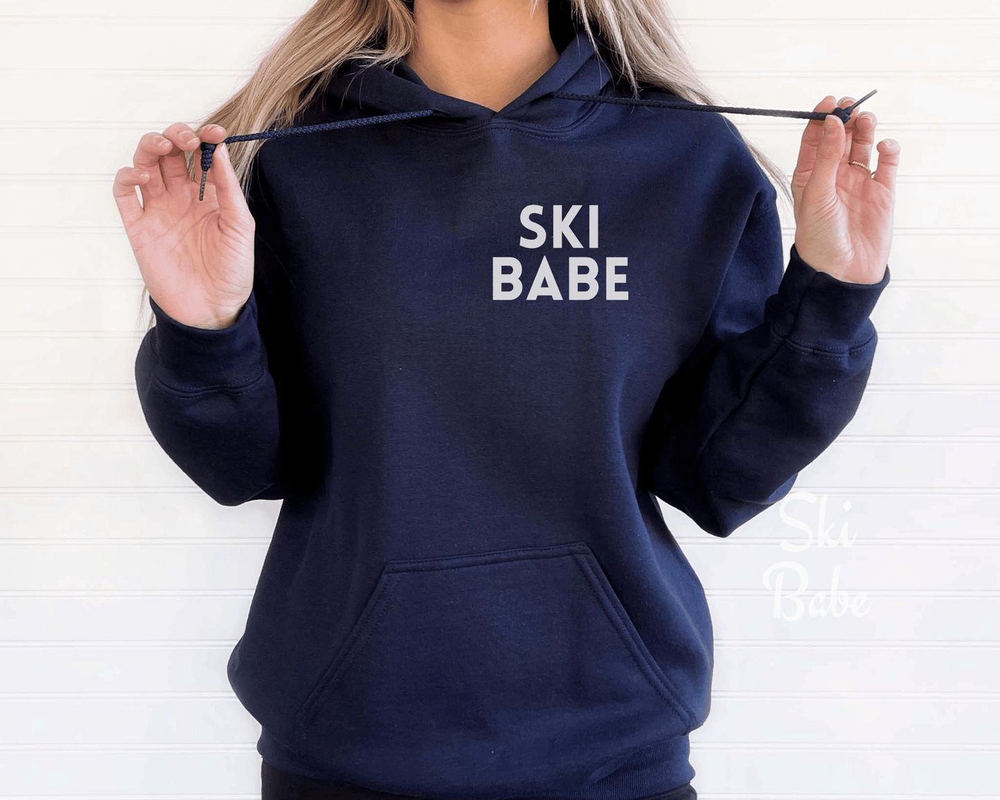 Ski Babe Hoodie in Navy, front of hoodie.