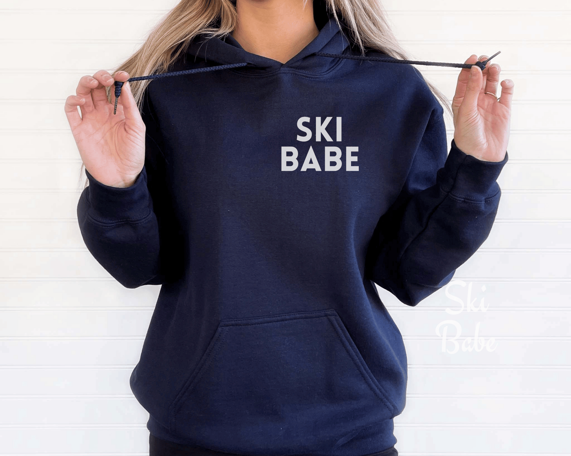 Ski Babe Hoodie in Navy, front of hoodie.