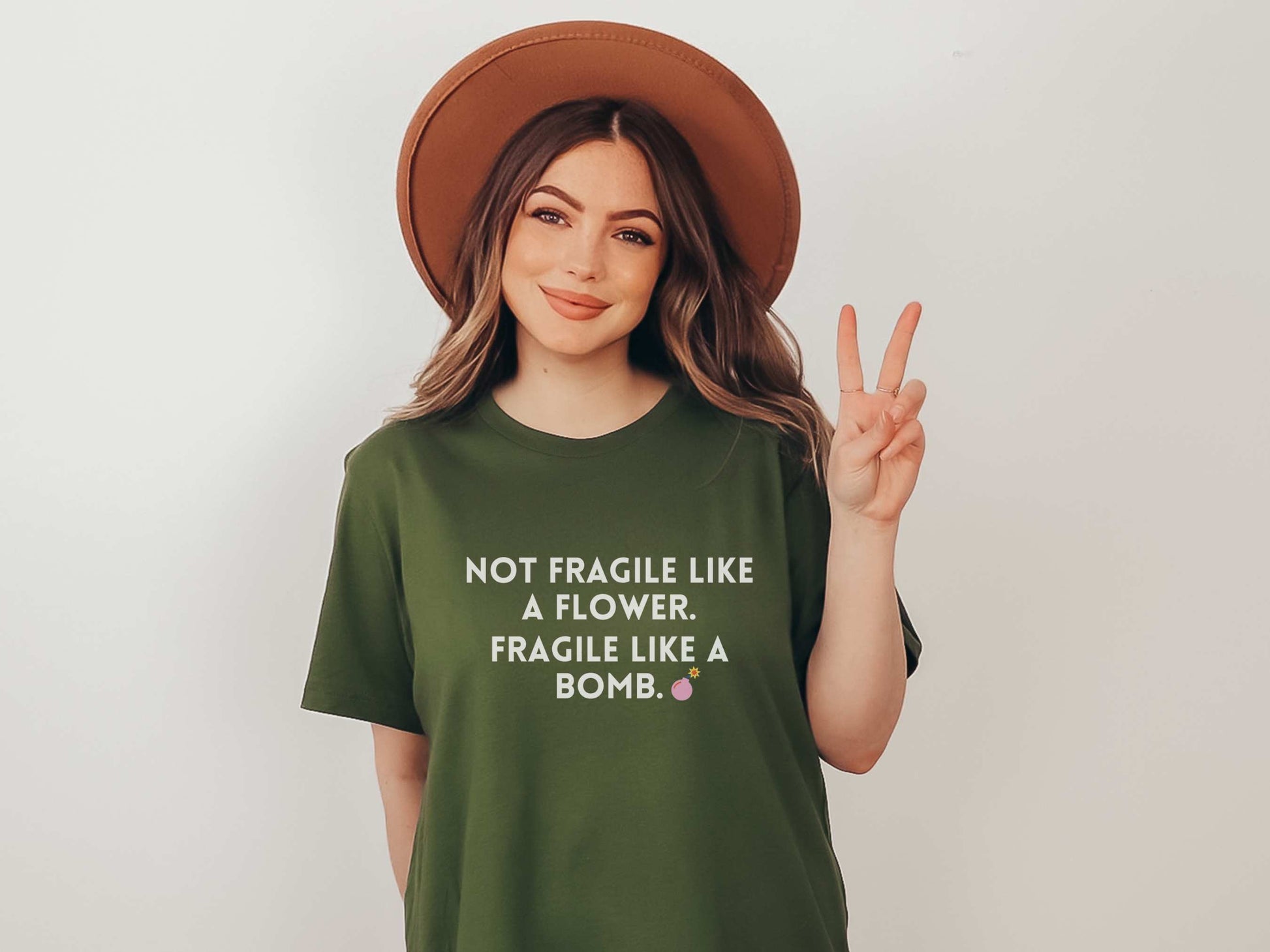Fragile Like a Bomb Frida Kahlo T-Shirt in Olive