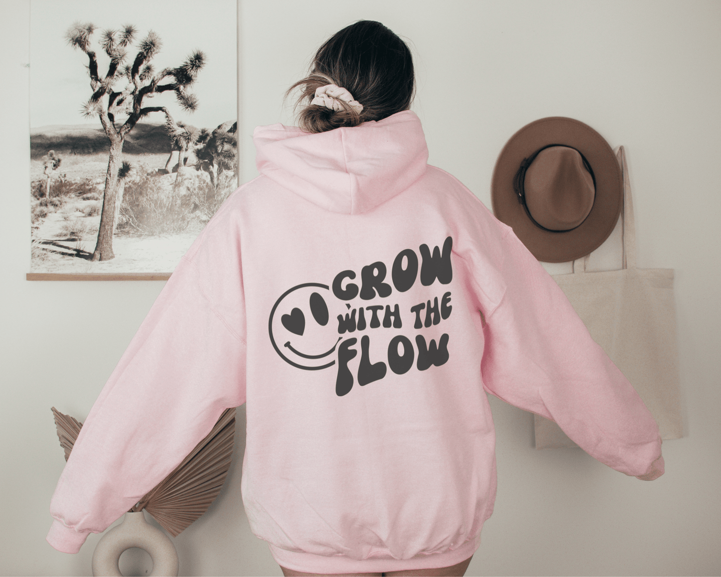Grow with the Flow Hoodie in Pink, back of hoodie.